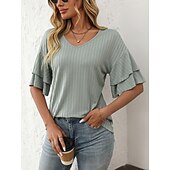 cheap Plain tee-Women&#039;s T Shirt Plain Fashion Modern Short Sleeve V Neck Regular Tops Daily Ruffle Black White Wine Sky Blue Fuchsia Summer
