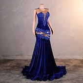 ieftine Rochii de Seară-Rochie de seară tip Sirenă  Trompetă Elegantă Rochie Formală de Bal cu tren scurt mânecă scurtă gât rotund brodată cu paiete și aplicații de mărgeluțe