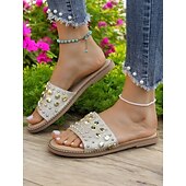 abordables Sandales de Vacances-Sandales à enfiler noires cloutées pour femmes – sandales plates tendance à rivets dorés pour l&#039;été, la plage et les sorties décontractées