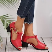 economico Sandali con tacco-sandali da donna con tacco spesso e punta aperta - eleganti scarpe nere in similpelle con fibbia decorativa per feste estive o occasioni formali
