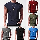 billiga Gym-toppar-Herr Linne Undertröjor Ärmlös tröja Ärmlös Rund hals Sommar Slät Mode Designer Muskel Utomhus Utekväll Gym Svart Vit Rubinrött Topp t-shirt för män