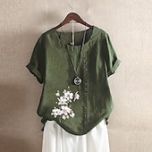 abordables Chemises-Femmes Chemisier Chemises en coton et lin Fleur Occasionnel Manche Courte Col ras du cou Hauts Réguliers Quotidien Fête Imprimé Blanche Jaune Vert Véronèse Vert Été