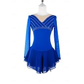 billige Figur skating kjoler-Kjole til kunstløp Dame Jente Skøyteløp Kjoler Blå Lapper Åben Ryg Netting Spandex Elastisk Trening Profesjonell Konkurranse Skøyteklær Hold Varm Krystall / Rhinstein Langermet Skøyting Kunstløp
