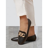 cheap Women&#039;s Slip-Ons &amp; Loafers-Women&#039;s Black Faux Leather Loafers with Gold Chain - Elegant Slip-On Flats for Work &amp; Casual Wear