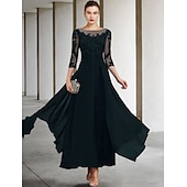 billiga Golvlängd-A-linjeformad klänning för brudens mor bröllopsgäst elegant plus size juvelhals ankellängd chiffong spets 3/4 längd ärm med ruched paljetter applikationer gratis anpassad storlek