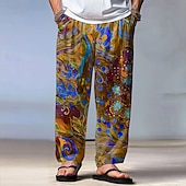 preiswerte Bedruckte Freizeithosen für Herren-Herren Blumendruck Blumen Hose Baggy-Hosen Freizeithose Mittlere Taille Vintage-Retro Outdoor Urlaub Ferien Kordelzug Elastischer Bund Weites Bein Sommer Frühling 3D-Druck Blau Braun