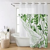 baratos Cortinas de Banho-Cortina de Chuveiro Texturizada em Malha de Waffle com Folhas com Forro Removível e Janela Transparente Repelente à Água em Poliéster Topo com Ilhós 120GSM Qualidade de Hotel Estilo Spa Divisão de