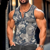 ieftine Tricouri de Sală-Bărbați Maiou cu vafe Bluză Vest Top Sub Cămașă Fără manșon Stil Nautic Quarter Zip Vară Culoare Camuflaj Sport Modă Comfortabil Imprimeu Casual Plajă Sală de Fitness Roșu-aprins Trifoi Verde Militar