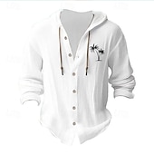 preiswerte Urlaub-Herren Weißes Baumwollhemd Minimalistisches Aloha-Shirt Freizeithemd Knopfhemd Baumwollhemd Kokospalme Urlaub Straße Schwarz Weiß Blau Khaki Langarm Mit Kapuze Frühling &amp; Sommer Bekleidung Button-Down