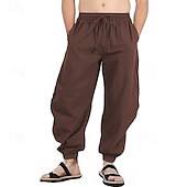 baratos Clássico-Homens Calças de linho Calças Calça verão Calças de praia Com Cordão Cintura elástica Pregas Tecido Conforto Respirável Comprimento total Casual Diário Feriado Moda Estilo Clássico Preto Branco