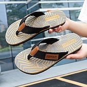 cheap Vacation Sandals-Men&#039;s Fashion Flip-Flops - Red and Black Geometric Pattern with Leather Accents - Casual Beachwear