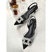 abordables tacones kitten-Zapatos de tacón negros con punta puntiaguda y tira trasera para mujer: zapatos de noche transparentes con hebilla de cristal.