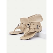 cheap Vacation Sandals-Women&#039;s Boho Gladiator Sandals – Beige Open-Toe Buckle Strap Wedge Sandals with Perforated Cuff for Summer, Casual Outings, and Festivals
