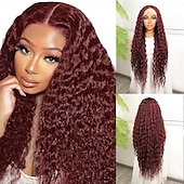 economico Parrucche lace sintetiche-Parrucca in pizzo sintetico Ricci profondi Stile 32 pollice Borgogna Riga centrale 13x4x1 T Parte Fronte in Pizzo Parrucca Per donna Parrucca Rosso bordeaux