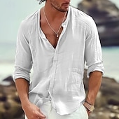 preiswerte Urlaub-Herren Hemd Leinenhemd Sommerhemd Strandhemd Hemden zum Herausstecken Einfach Urlaub Lässig Schwarz Weiß Orange Grau Langarm Stehkragen Frühling &amp; Sommer Bekleidung