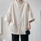 economico Casual da lavoro-Per uomo Camicia Camicia di lino Camicia casual Camicia con Bottoni Camicia di cotone Semplice Vacanza Camicia hawaiana Nero Bianco Blu marino Cachi Mezza Manica Colletto alla coreana Estate