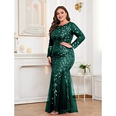 cheap Plus Size Dresses-Mermaid / Trumpet Evening Gown Sparkle Dress Formal Floor Length Long Sleeve Crew Neck Champagne Mother Of the Bride Dress Tulle with Embroidery 2025