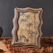 cheap Picture Frames-Curved Resin Decorative Photo Frame, Vintage Faux Walnut Art Design, Horizontal and Vertical Display, Entryway, Bedroom, Study, and Office Table Decor Photo Frame