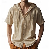 cheap Business Casual-Men&#039;s Shirt White Cotton Shirt Casual Shirt Button Up Shirt Cotton Shirt Plain Vacation Street Black White Khaki Gray Short Sleeve Hooded Summer Clothing Apparel Button-Down