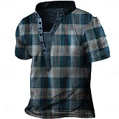 Men's Plaid T Shirt Henley Shirt Tee Short Sleeve Vintage Classic Casual Outdoor Casual Daily Summer Blue Henley Henley T-Shirt3