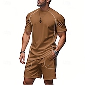 abordables survêtement et sweat à capuche pour hommes-Homme Ensemble Survetement T-shirt et short Ensemble de tenues Col ras du cou Extérieur Quotidien Sports Avec Poches Cordon de serrage Uni Noir Marron Gris Claire Polyester Tenues de Sport Streetwear