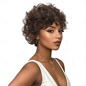 baratos Perucas de Qualidade Superior-Perucas sintéticas Trama Curly Encaracolados Corte em Camadas Com Franjas Fabrico à Máquina Peruca 12 polegadas A1 Cabelo Sintético Mulheres Elástico Legal Clássico Marrom Claro