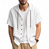 cheap Business Casual-Men&#039;s Shirt White Cotton Shirt Casual Shirt Button Up Shirt Cotton Shirt Plain Vacation Street Black White Khaki Gray Short Sleeve Hooded Summer Clothing Apparel Button-Down