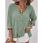 preiswerte Hemden-Damen Hemd Baumwoll-Leinen-Hemden Knopfleiste Bluse Einfach Basic Modern Langarm V Ausschnitt Normale Oberteile Täglich Ferien Knöpfe Rosa Blau Purpur Grün Khaki Sommer