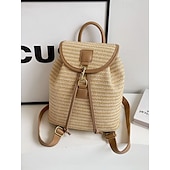 economico Zaini alla moda-zaino in paglia per donna – borsa da viaggio in rattan intrecciato boho con cinturini in pelle, zaino da spiaggia estivo chic, borsa casual per le vacanze e l&#039;uso quotidiano bianco rosa marrone