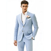 preiswerte Hochzeitsanzüge-Herren Lässig Strandhochzeit Leinenanzüge Gekerbtes Revers Himmelblau Mode Party Einfarbig Standard Passform 2-teilig Einreihige Zwei-Knopf-Jacke