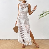 baratos Swimdresses-Mulheres Roupa de Banho Cobertura roupa de banho Com Corte Franja Roupa de Praia Verão Tecido Decote Redondo Sem Manga Fatos de banho