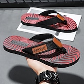 cheap Vacation Sandals-Men&#039;s Fashion Flip-Flops - Red and Black Geometric Pattern with Leather Accents - Casual Beachwear