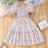 abordables Robes Décontracté-Enfants Fille Robe Fleuri Manche Courte Extérieur Occasionnel Mode Adorable 100% Coton Mi-long Robe Décontractée Robe trapèze Été 4 ans et + Rose Claire Rouge Bleu