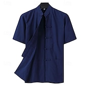 abordables Informal de negocios-Hombre Camisa Camisa de lino Camisa casual Abotonar la camisa Remera de algodón Plano Vacaciones Calle Negro Blanco Azul Marino Caqui Manga Corta cuello de abuelo Verano Ropa Abotonar