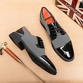 economico Formale-scarpe oxford da uomo in pied de poule bianco e nero con dettagli in vernice, elegante design con lacci per eventi formali alla moda