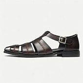 cheap Premium Leather Sandals-Premium Leather Fisherman Sandals with Buckle Detail - Stylish Choice for Outdoor Activities and Social Gatherings