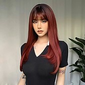 baratos Perucas Sintéticas sem Touca-Perucas sintéticas Ondas Soltas Kinky Liso Corte em Camadas Com Franjas Fabrico à Máquina Peruca 24 polegadas A1 A2 Cabelo Sintético Mulheres Clássico Confortável Cores Gradiente Âmbar Marrom