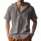 cheap Business Casual-Men&#039;s Shirt White Cotton Shirt Casual Shirt Button Up Shirt Cotton Shirt Plain Vacation Street Black White Khaki Gray Short Sleeve Hooded Summer Clothing Apparel Button-Down