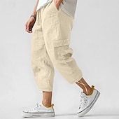 baratos Clássico-Homens Calças Cargo Calças de linho Calças Calça verão Calças de praia Com Cordão Cintura elástica Bolso multi Tecido Conforto Respirável Mimolet Casual Diário Feriado Moda Estilo Clássico Preto