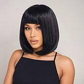 abordables Perruques Synthétiques Sans Bonnet-Perruque Synthétique Lisse Lisse Yaki Coupe Asymétrique Frange Droite Fabriqué à la Machine Perruque 14 pouces A1 Cheveux synthétiques Femmes Fête Classique Confortable Noir