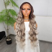 billige Syntetiske parykker med blonder-Syntetisk blonderparykk Krop Bølge Stil 30 tommers Blandet Farge Midtdel 13x4 blonder foran Parykk Dame Parykk Linbleke