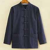 economico Casual da lavoro-Per uomo Camicia camicia di lino Maglietta informale Camicia con bottoni Camicia di cotone Liscio Da mare Hawaiano Nero Blu marino Cachi Manica lunga A fascia Primavera Abbigliamento Tasca frontale