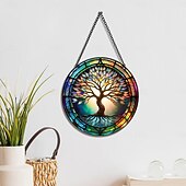 cheap Wall Sculptures-Acrylic Tree of Life Wall Hanging Decor, 5.9 x 5.9 Inch Round 2D Colorful Print Ornament, Creative and Unique Wall Art for Home, Window, Door, Party, and Festive Decoration