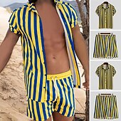 preiswerte T-Shirts-Sets für Männer-Herren T-Shirt Anzüge 2-teiliges Outfit T-Shirt und Shorts Kurzarm Hemdkragen Sommer Streifen Mode Lässig 2 teilig Urlaub Alltagskleidung Ausgehen Gelb Top T-Shirt für Herren