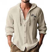 preiswerte Urlaub-Herren Weißes Baumwollhemd Minimalistisches Aloha-Shirt Freizeithemd Knopfhemd Baumwollhemd Kokospalme Urlaub Straße Schwarz Weiß Blau Khaki Langarm Mit Kapuze Frühling &amp; Sommer Bekleidung Button-Down