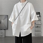 economico Casual da lavoro-Per uomo Camicia Camicia di lino Camicia casual Camicia con Bottoni Camicia di cotone Semplice Vacanza Camicia hawaiana Nero Bianco Blu marino Cachi Mezza Manica Colletto alla coreana Estate