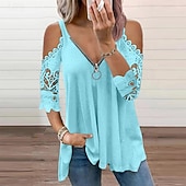 preiswerte Damen Einfache Oberteile-Damen Bluse Einfach Modern Lässig Dreiviertelarm V Ausschnitt Normale Oberteile Täglich Ausgehen Reißverschluss Ausschnitt Schwarz Weiß Rosa Blau Grau Sommer