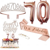 economico Forniture per eventi e feste-set deluxe da 6 pezzi per festa di compleanno in oro rosa - numeri di palloncini (10-80), tiara, fascia, candeline per torta, cake topper - per bambine &amp; donne