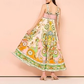 economico Abiti eleganti floreali-Abito midi da donna, abito floreale, abito sottoveste, abito stampato, moda, classico, per uscire all&#039;aperto, fine settimana, vestibilità regolare, fiore, senza maniche, spalline sottili, verde, estivo
