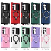 お買い得  サムスン用ケース-Samsung Galaxy S24 Ultra Plus S24 FE S23 Ultra Plus S22 Plus Ultra用電話ケーススタンドホルダー付きマグネットサポートワイヤレス充電レトロPC